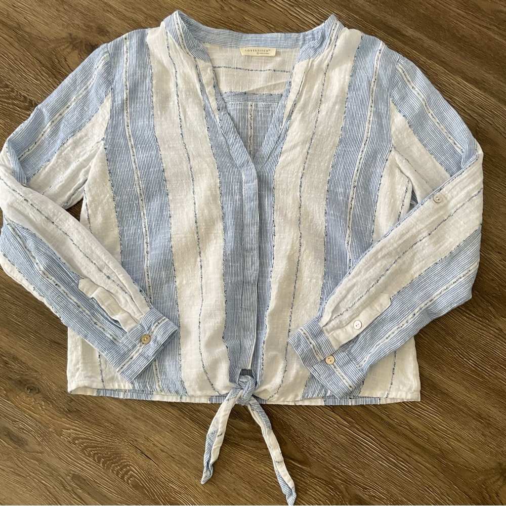 Love Stitch Knot Front Striped Button Up Shirt - Blue and White